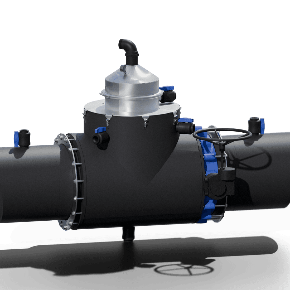The 600 mm Siphonic Transfer Unit: polyethylene manifold body with a stainless dome cap, bolted flanges and short connection spools.